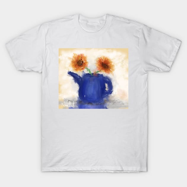 An Artistic Painting of a Blue Watering Can with 2 Orange Flowers T-Shirt by ibadishi